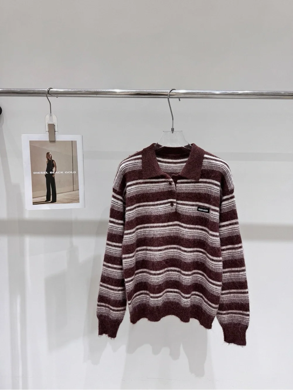 Miu Miu Burgundy and White Striped Polo-Neck Sweater